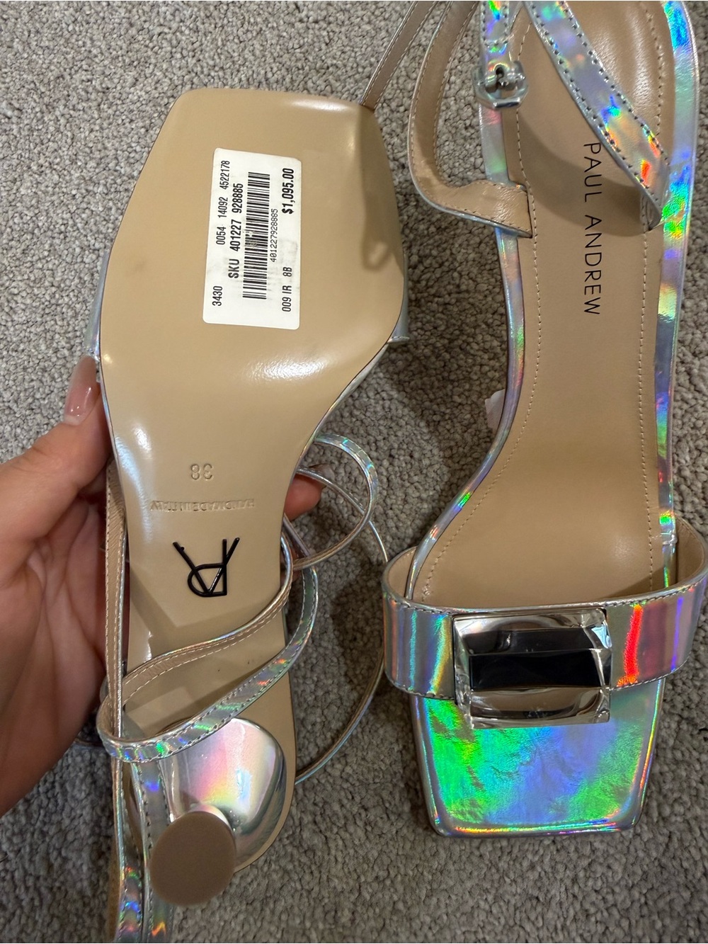 Paul Andrew Holographic Iridescent Strappy Square-Toe Sandals